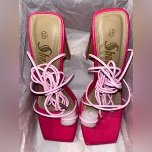 Square Toe Lace-Up Skinny Block Heel Sandals